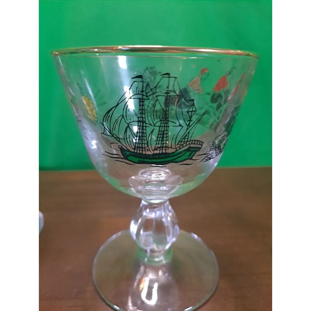 Vintage Libbey /Set of 5 /Treasure‎ Island Pirates /8 oz. Gold Rim Bar  Glasses
